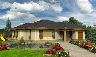 L-shaped house with a garage and separate kitchen with dining room.